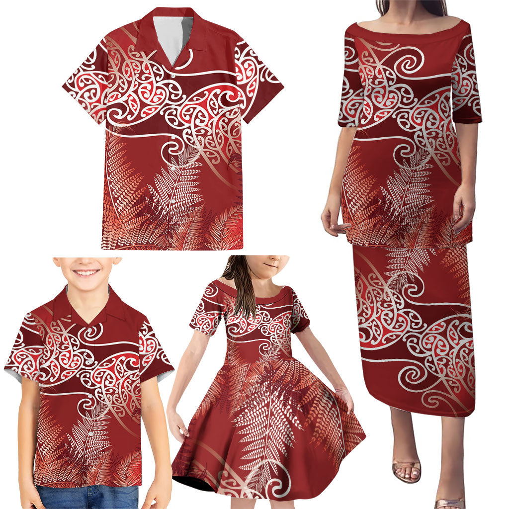 Aotearoa Maori Koru Curves Family Matching Puletasi and Hawaiian Shirt Silver Ferns - Crimson Red