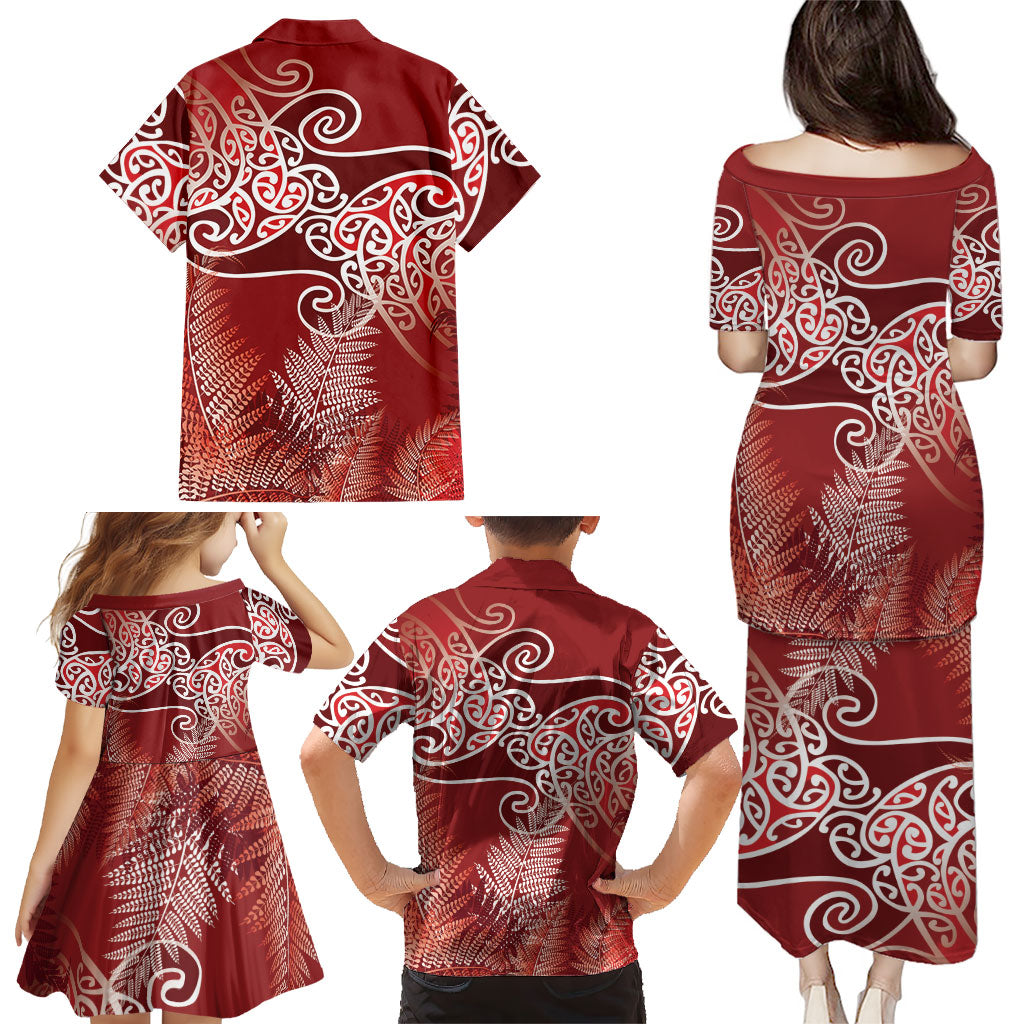 Aotearoa Maori Koru Curves Family Matching Puletasi and Hawaiian Shirt Silver Ferns - Crimson Red LT7 - Polynesian Pride