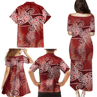 Aotearoa Maori Koru Curves Family Matching Puletasi and Hawaiian Shirt Silver Ferns - Crimson Red LT7 - Polynesian Pride