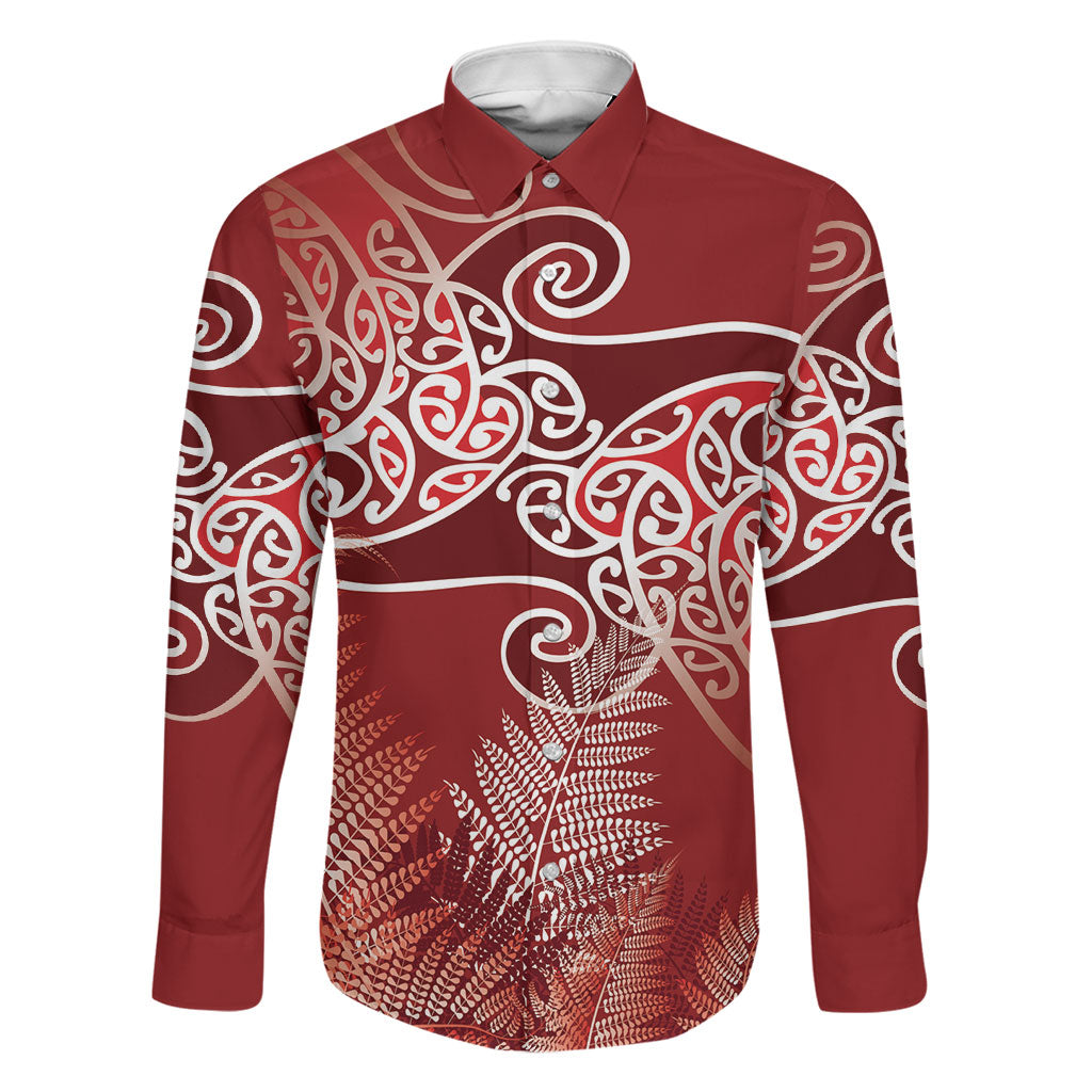 Aotearoa Maori Koru Curves Family Matching Puletasi and Hawaiian Shirt Silver Ferns - Crimson Red LT7 Dad's Shirt - Long Sleeve Red - Polynesian Pride