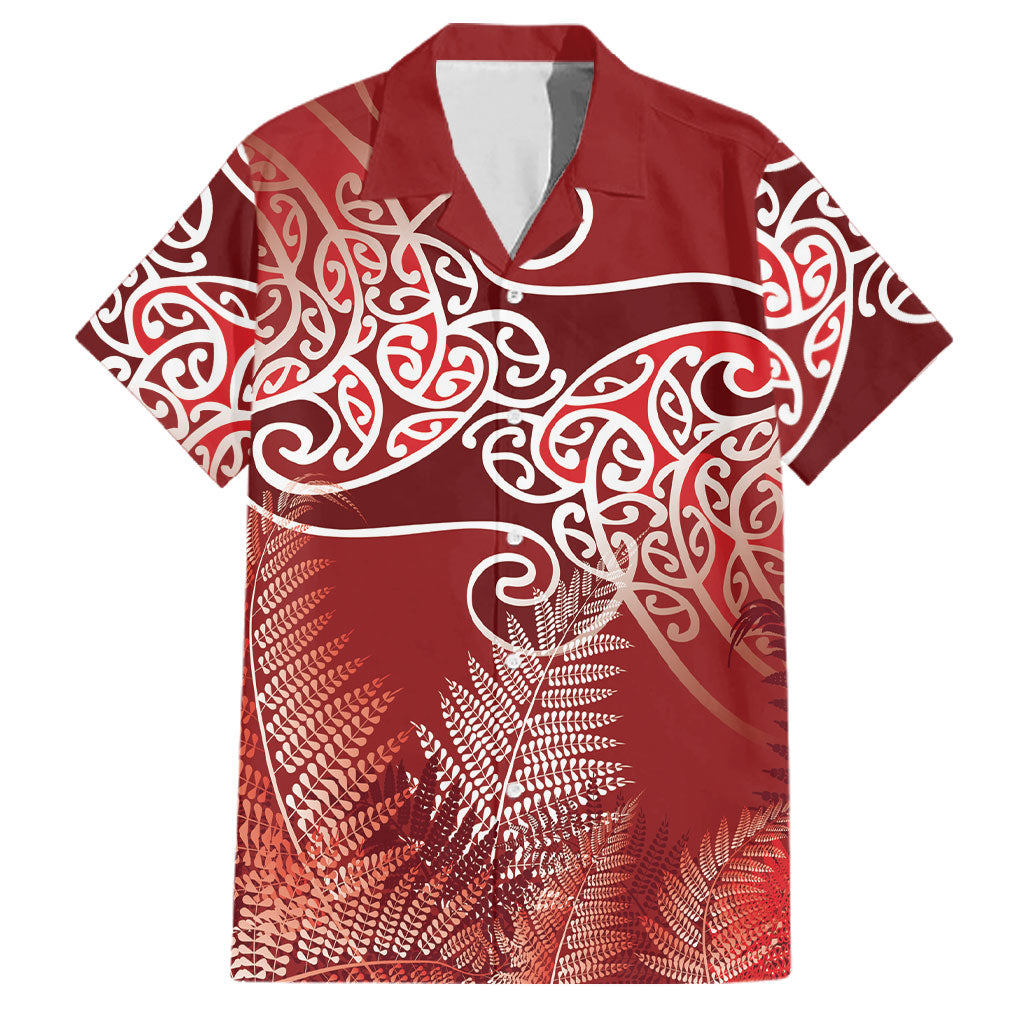 Aotearoa Maori Koru Curves Family Matching Short Sleeve Bodycon Dress and Hawaiian Shirt Silver Ferns - Crimson Red LT7 Dad's Shirt - Short Sleeve Red - Polynesian Pride
