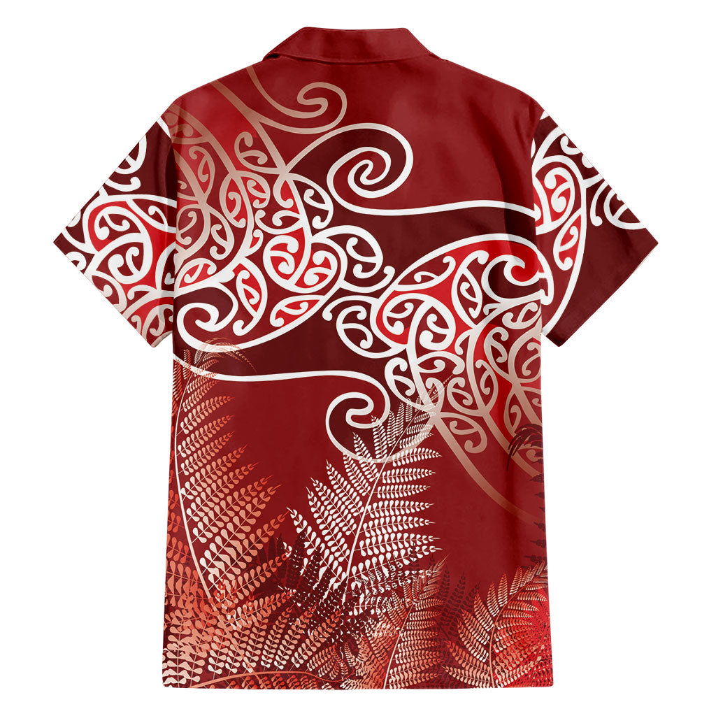 Aotearoa Maori Koru Curves Family Matching Short Sleeve Bodycon Dress and Hawaiian Shirt Silver Ferns - Crimson Red LT7 - Polynesian Pride