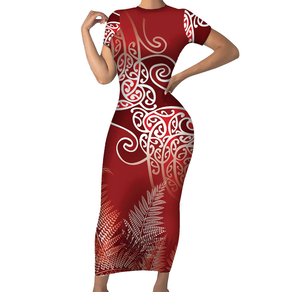 Aotearoa Maori Koru Curves Family Matching Short Sleeve Bodycon Dress and Hawaiian Shirt Silver Ferns - Crimson Red LT7 Mom's Dress Red - Polynesian Pride