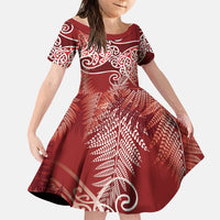 Aotearoa Maori Koru Curves Family Matching Summer Maxi Dress and Hawaiian Shirt Silver Ferns - Crimson Red LT7 Daughter's Dress Red - Polynesian Pride