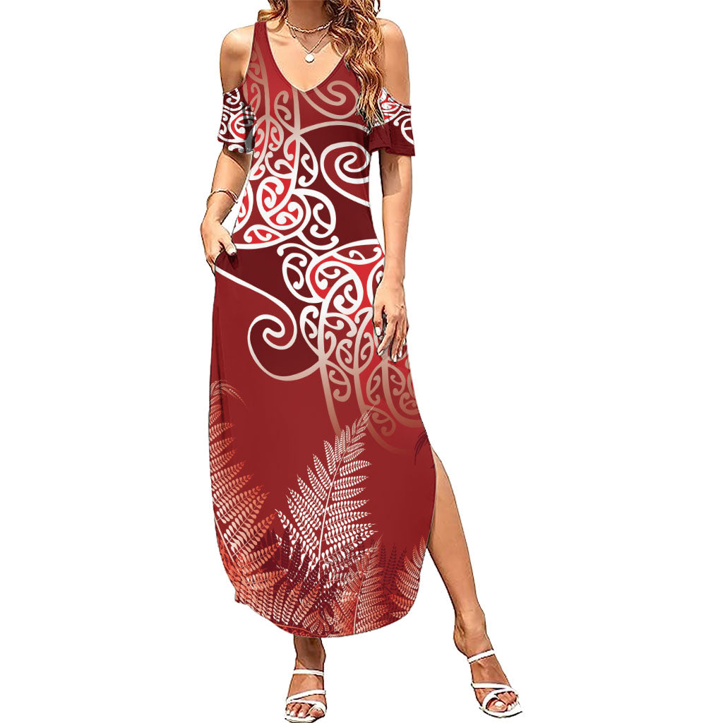 Aotearoa Maori Koru Curves Family Matching Summer Maxi Dress and Hawaiian Shirt Silver Ferns - Crimson Red LT7 Mom's Dress Red - Polynesian Pride