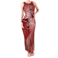Aotearoa Maori Koru Curves Family Matching Tank Maxi Dress and Hawaiian Shirt Silver Ferns - Crimson Red LT7 Mom's Dress Red - Polynesian Pride