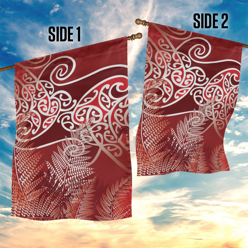 Aotearoa Maori Koru Curves Garden Flag Silver Ferns - Crimson Red
