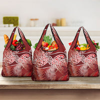 Aotearoa Maori Koru Curves Grocery Bag Silver Ferns - Crimson Red