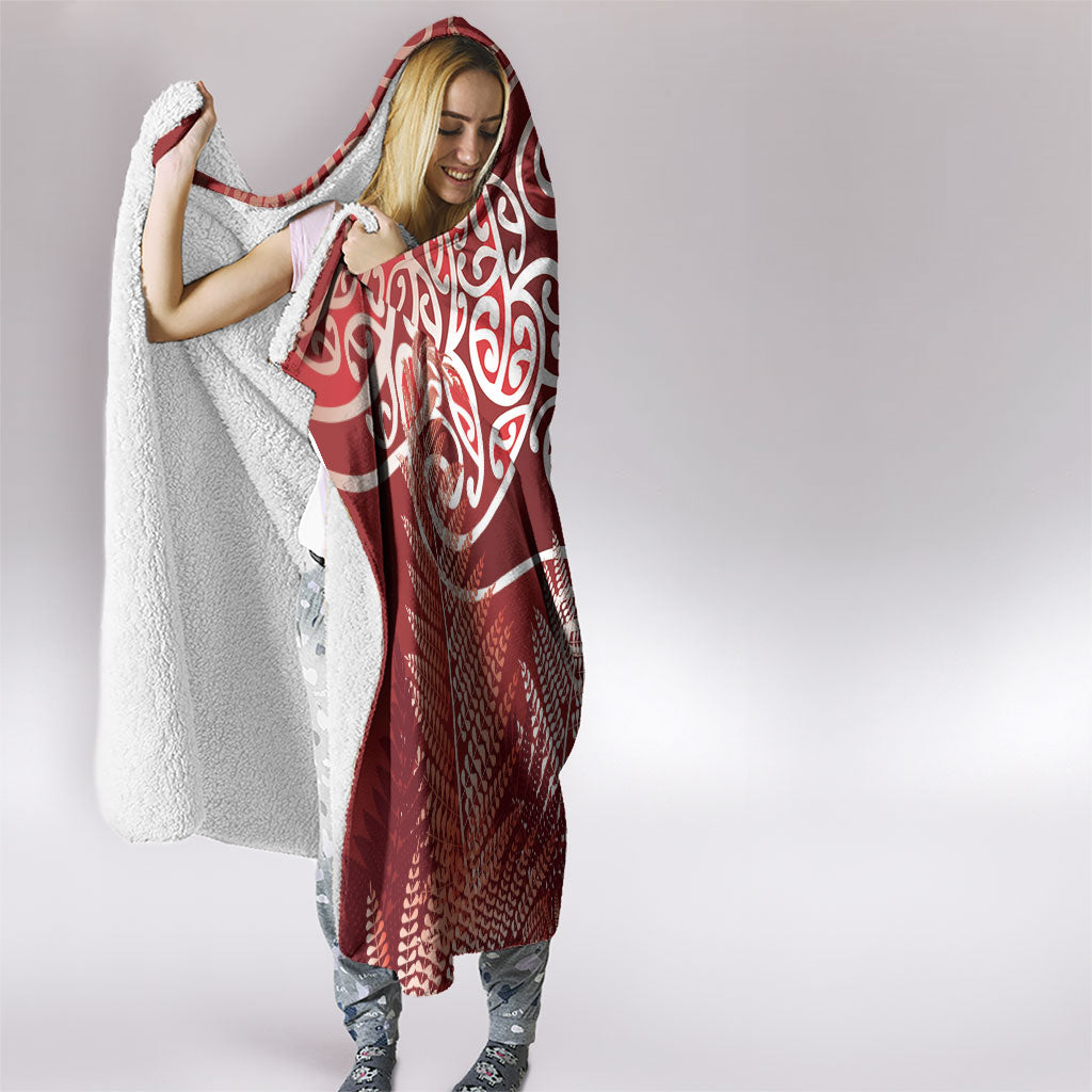 Aotearoa Maori Koru Curves Hooded Blanket Silver Ferns - Crimson Red