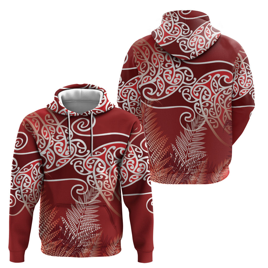 Aotearoa Maori Koru Curves Hoodie Silver Ferns - Crimson Red