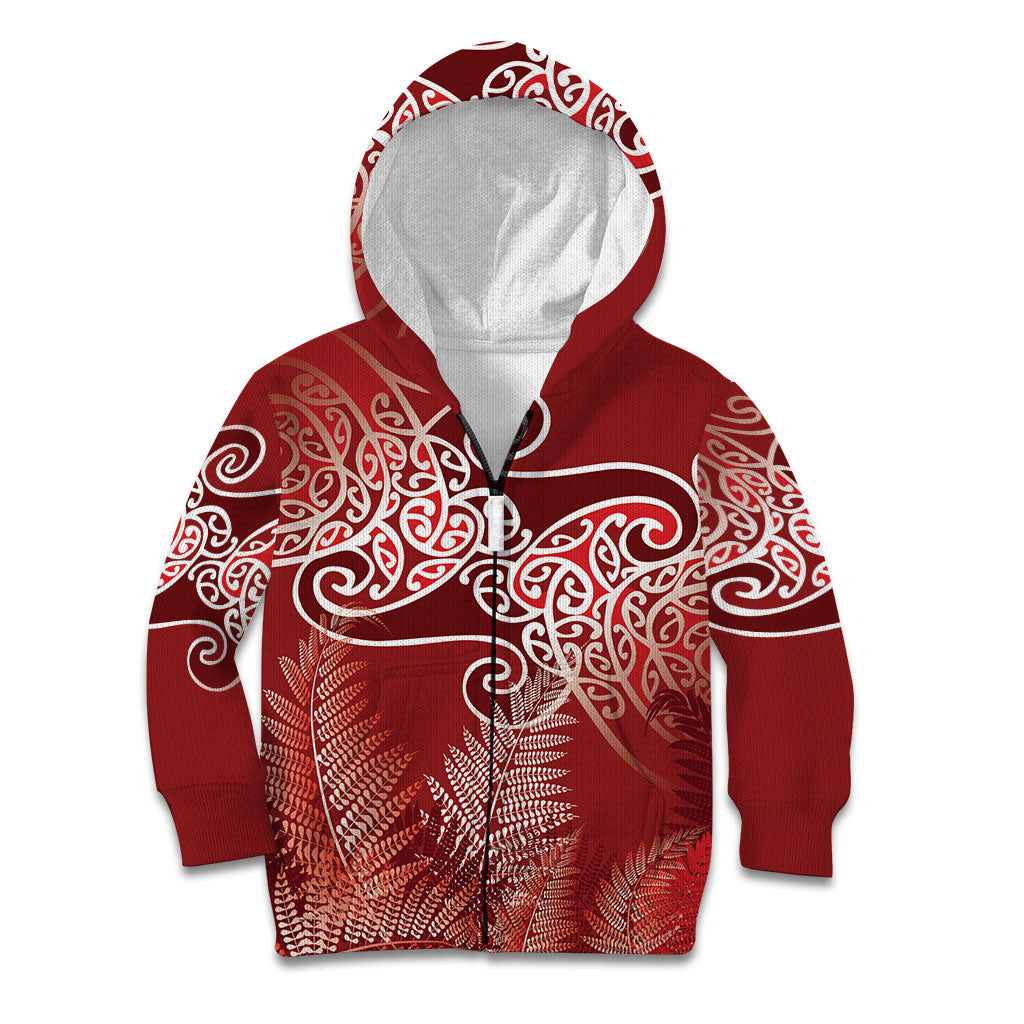 Aotearoa Maori Koru Curves Kid Hoodie Silver Ferns - Crimson Red