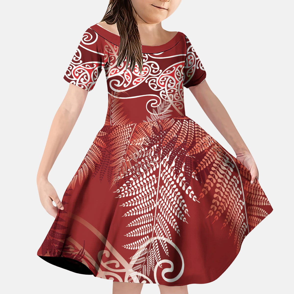 Aotearoa Maori Koru Curves Kid Short Sleeve Dress Silver Ferns - Crimson Red