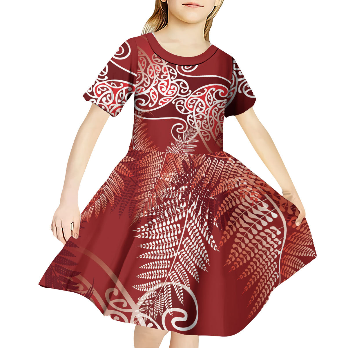 Aotearoa Maori Koru Curves Kid Short Sleeve Dress Silver Ferns - Crimson Red
