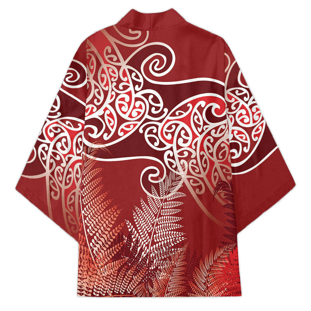 Aotearoa Maori Koru Curves Kimono Silver Ferns - Crimson Red
