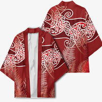 Aotearoa Maori Koru Curves Kimono Silver Ferns - Crimson Red
