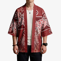 Aotearoa Maori Koru Curves Kimono Silver Ferns - Crimson Red