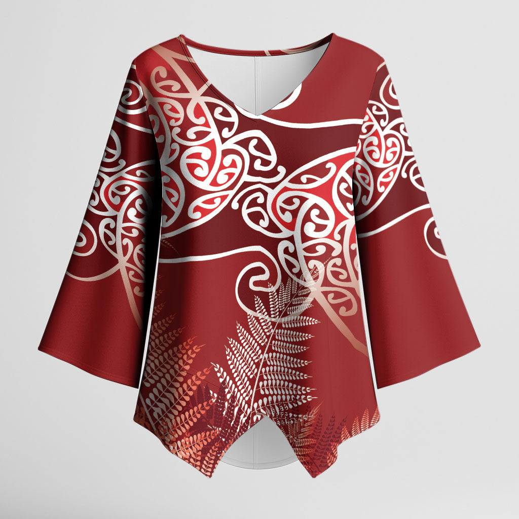 Aotearoa Maori Koru Curves Kimono Sleeve Blouse Silver Ferns - Crimson Red