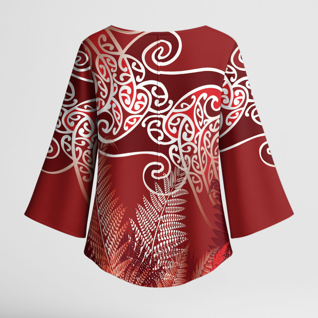 Aotearoa Maori Koru Curves Kimono Sleeve Blouse Silver Ferns - Crimson Red