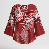 Aotearoa Maori Koru Curves Kimono Sleeve Blouse Silver Ferns - Crimson Red