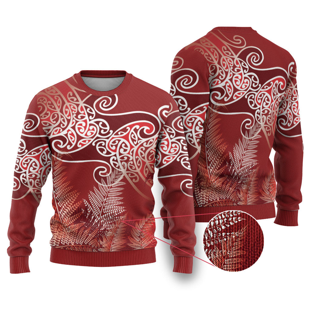 Aotearoa Maori Koru Curves Ugly Christmas Sweater Silver Ferns - Crimson Red LT7 Red - Polynesian Pride