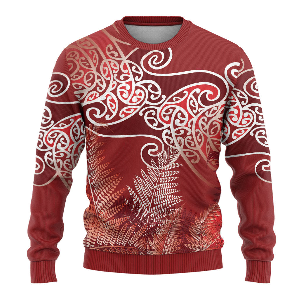 Aotearoa Maori Koru Curves Ugly Christmas Sweater Silver Ferns - Crimson Red LT7 - Polynesian Pride
