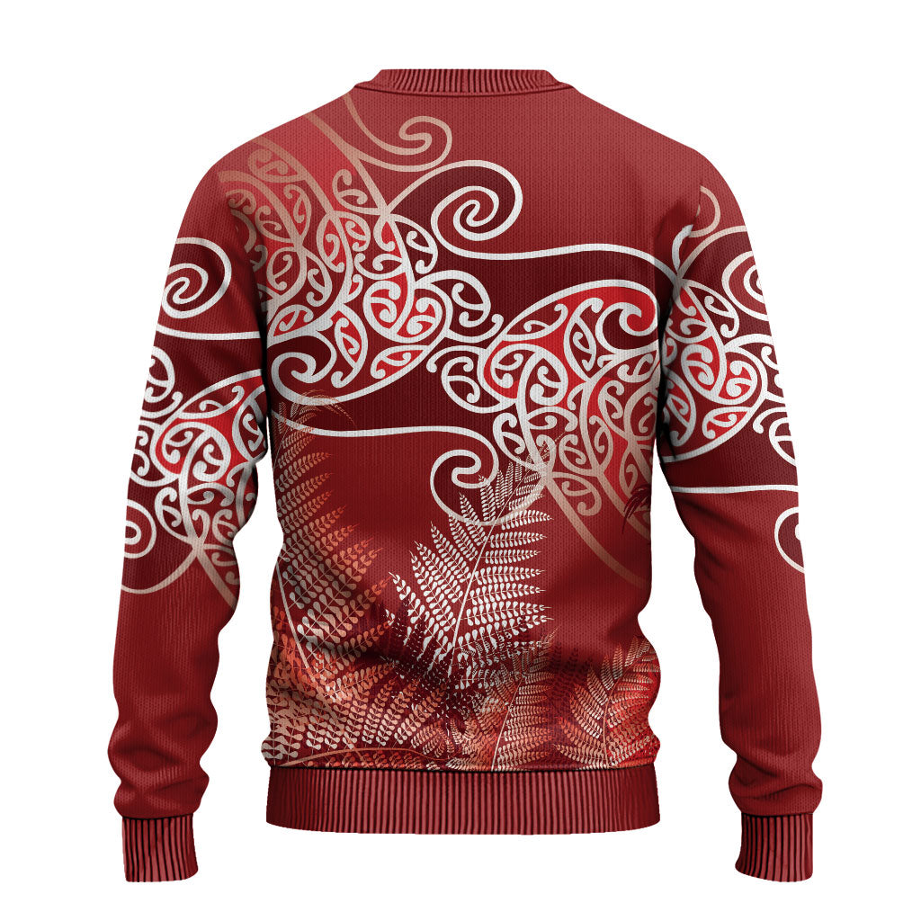 Aotearoa Maori Koru Curves Ugly Christmas Sweater Silver Ferns - Crimson Red LT7 - Polynesian Pride