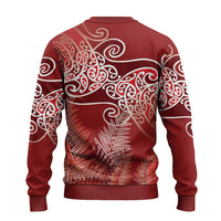 Aotearoa Maori Koru Curves Ugly Christmas Sweater Silver Ferns - Crimson Red LT7 - Polynesian Pride