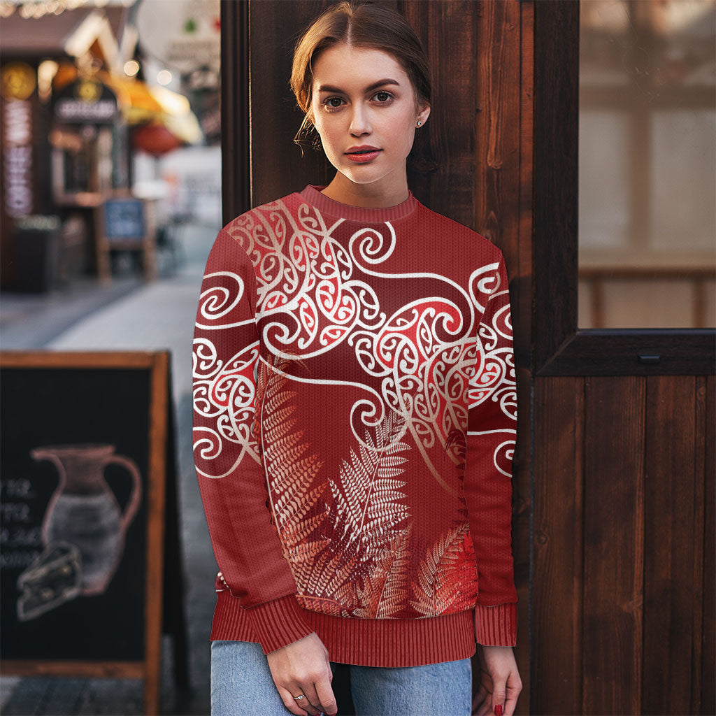 Aotearoa Maori Koru Curves Ugly Christmas Sweater Silver Ferns - Crimson Red LT7 - Polynesian Pride
