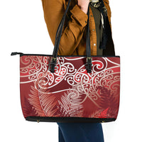 Aotearoa Maori Koru Curves Leather Tote Bag Silver Ferns - Crimson Red