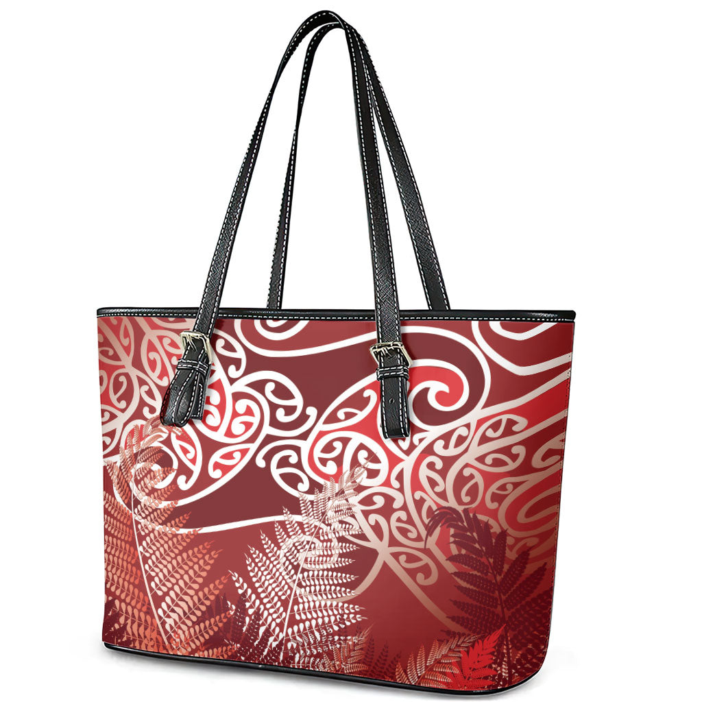 Aotearoa Maori Koru Curves Leather Tote Bag Silver Ferns - Crimson Red