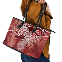 Aotearoa Maori Koru Curves Leather Tote Bag Silver Ferns - Crimson Red