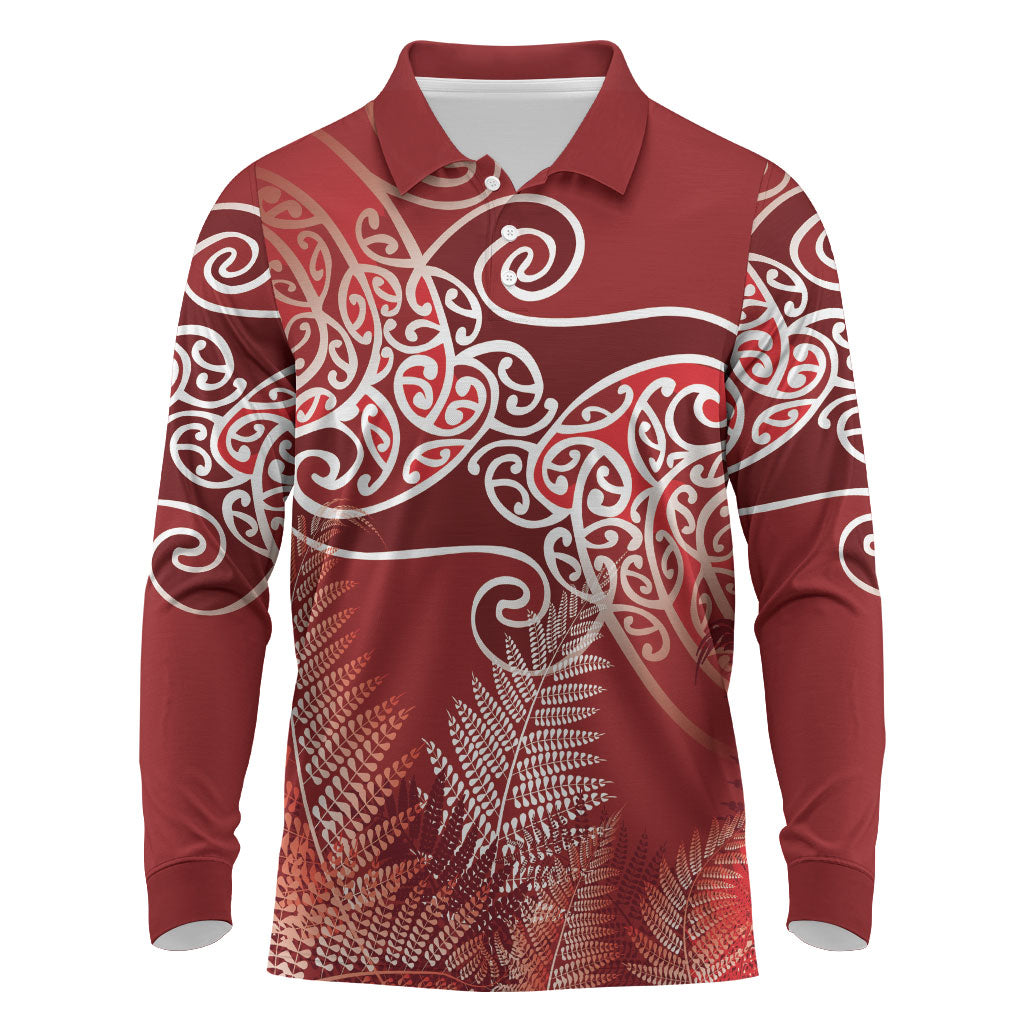 Aotearoa Maori Koru Curves Long Sleeve Polo Shirt Silver Ferns - Crimson Red