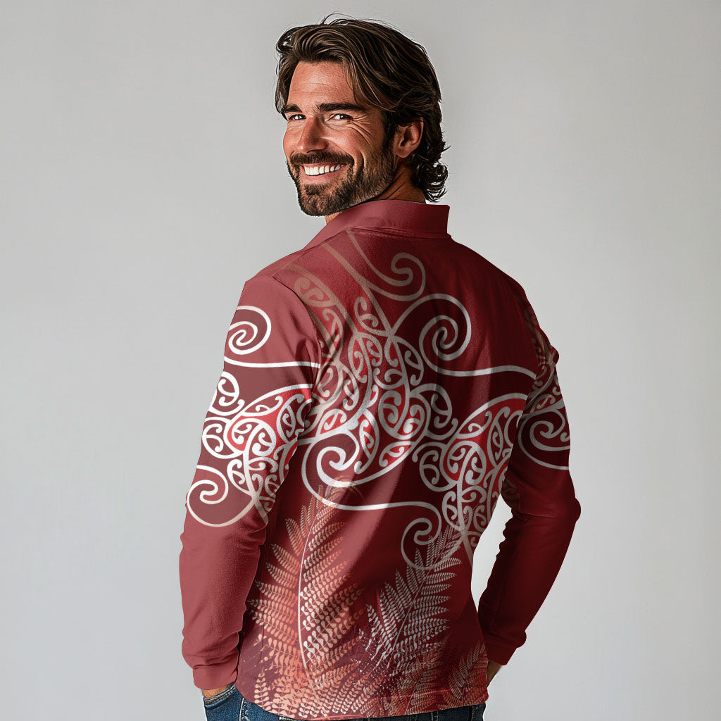 Aotearoa Maori Koru Curves Long Sleeve Polo Shirt Silver Ferns - Crimson Red