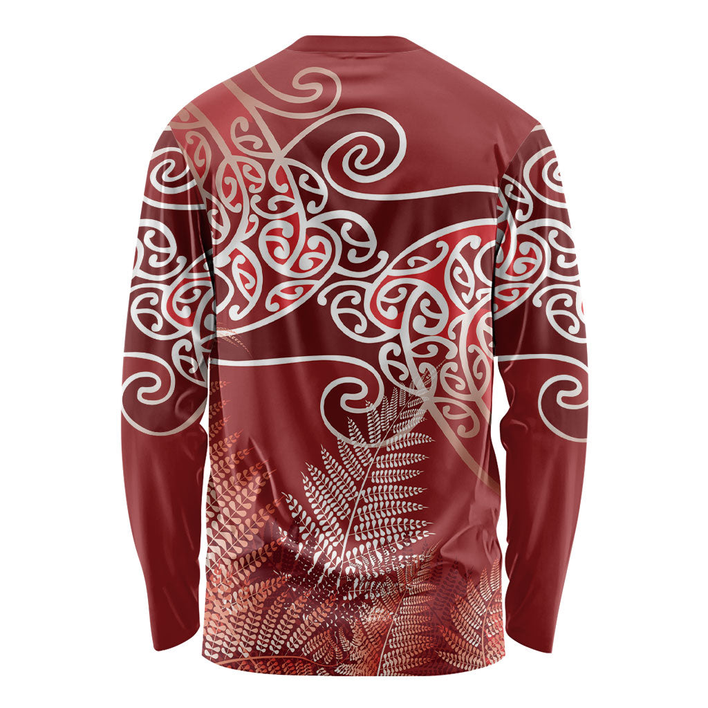 Aotearoa Maori Koru Curves Long Sleeve Shirt Silver Ferns - Crimson Red