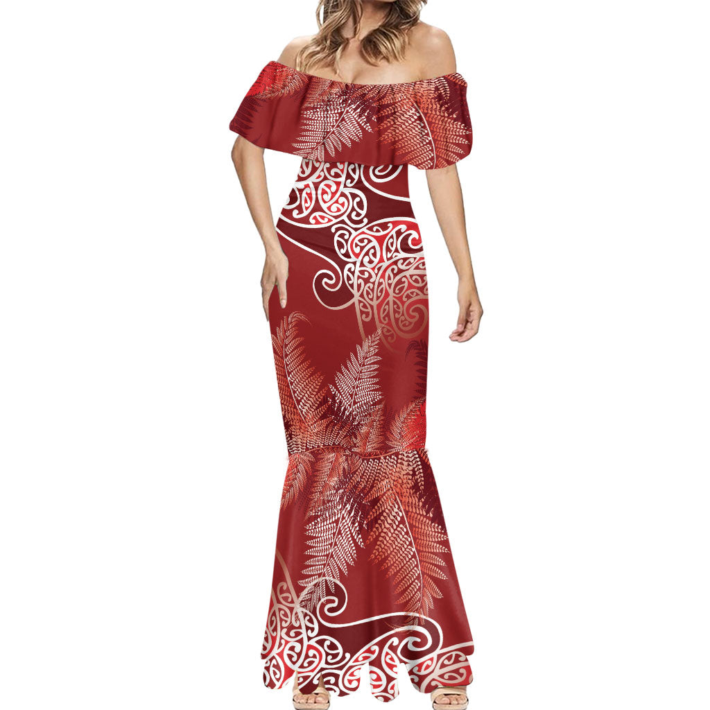 Aotearoa Maori Koru Curves Mermaid Dress Silver Ferns - Crimson Red