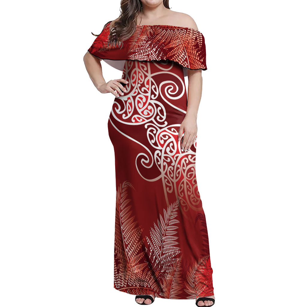 Aotearoa Maori Koru Curves Off Shoulder Maxi Dress Silver Ferns - Crimson Red