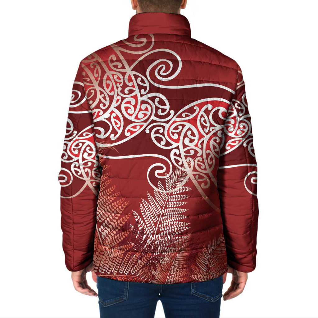 Aotearoa Maori Koru Curves Padded Jacket Silver Ferns - Crimson Red