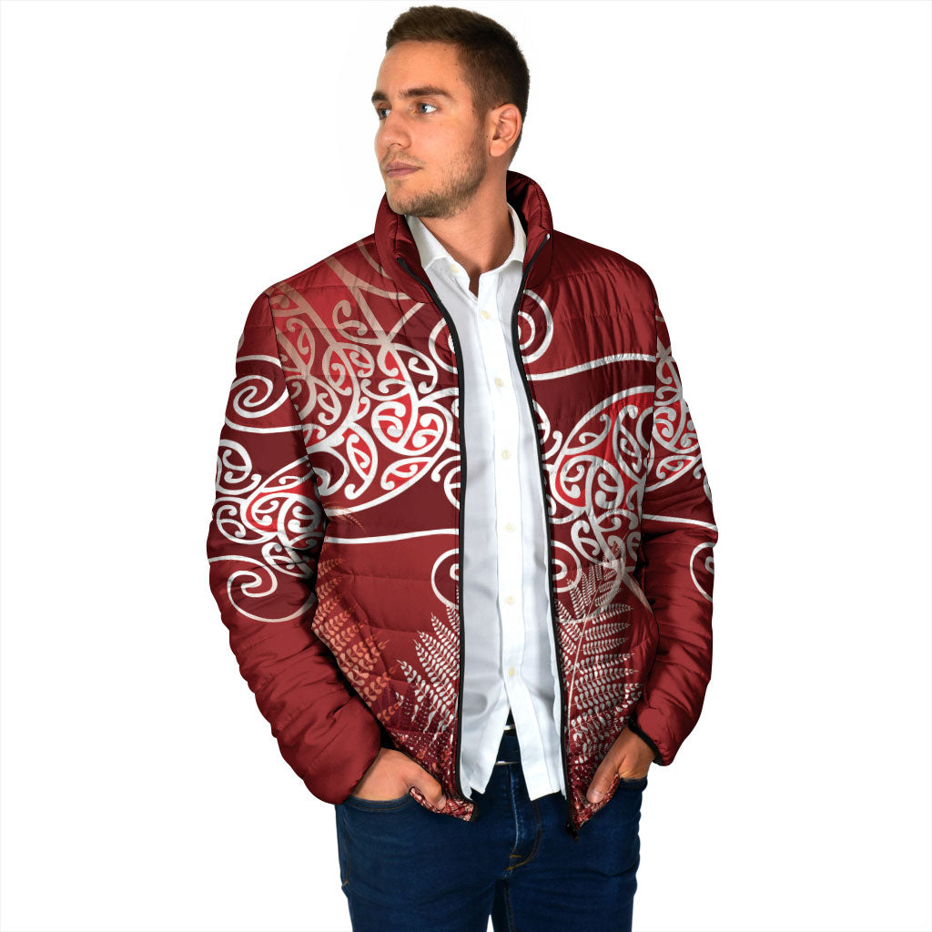 Aotearoa Maori Koru Curves Padded Jacket Silver Ferns - Crimson Red