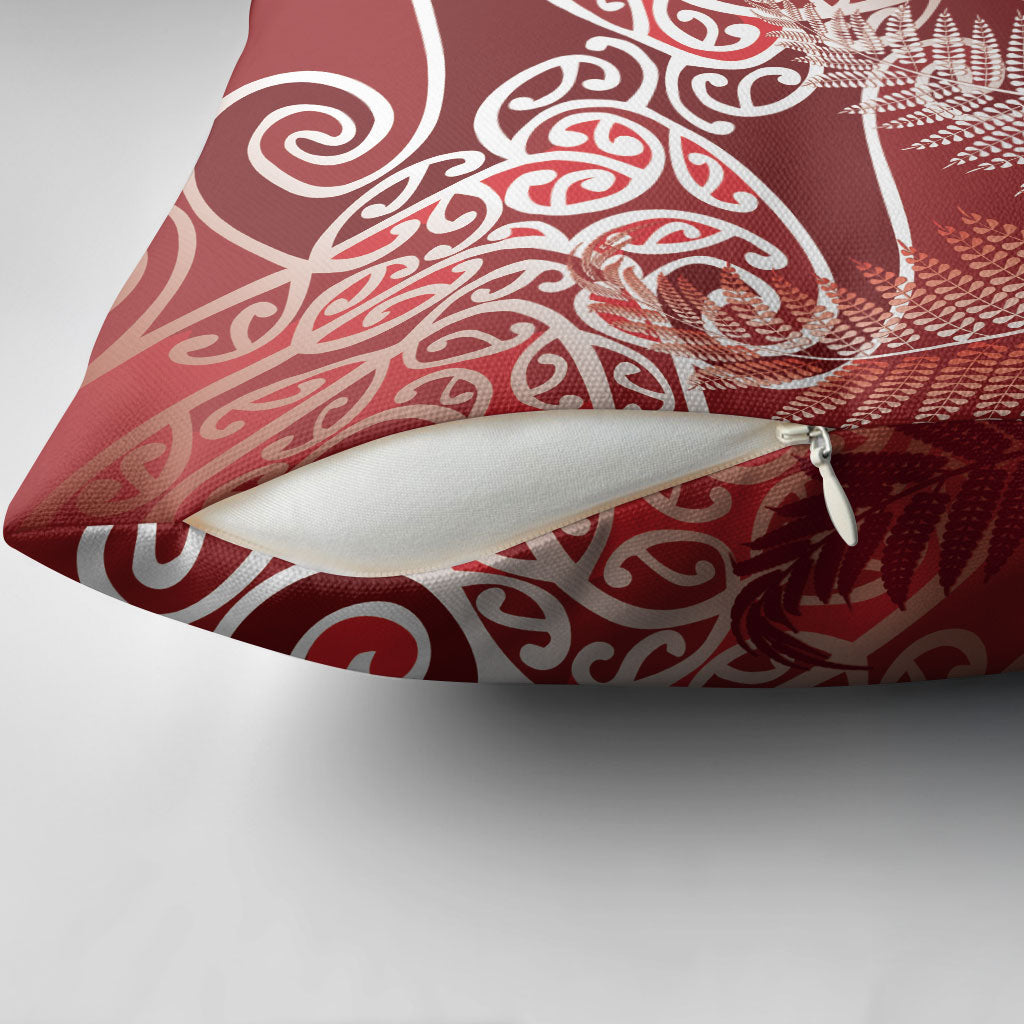 Aotearoa Maori Koru Curves Pillow Cover Silver Ferns - Crimson Red