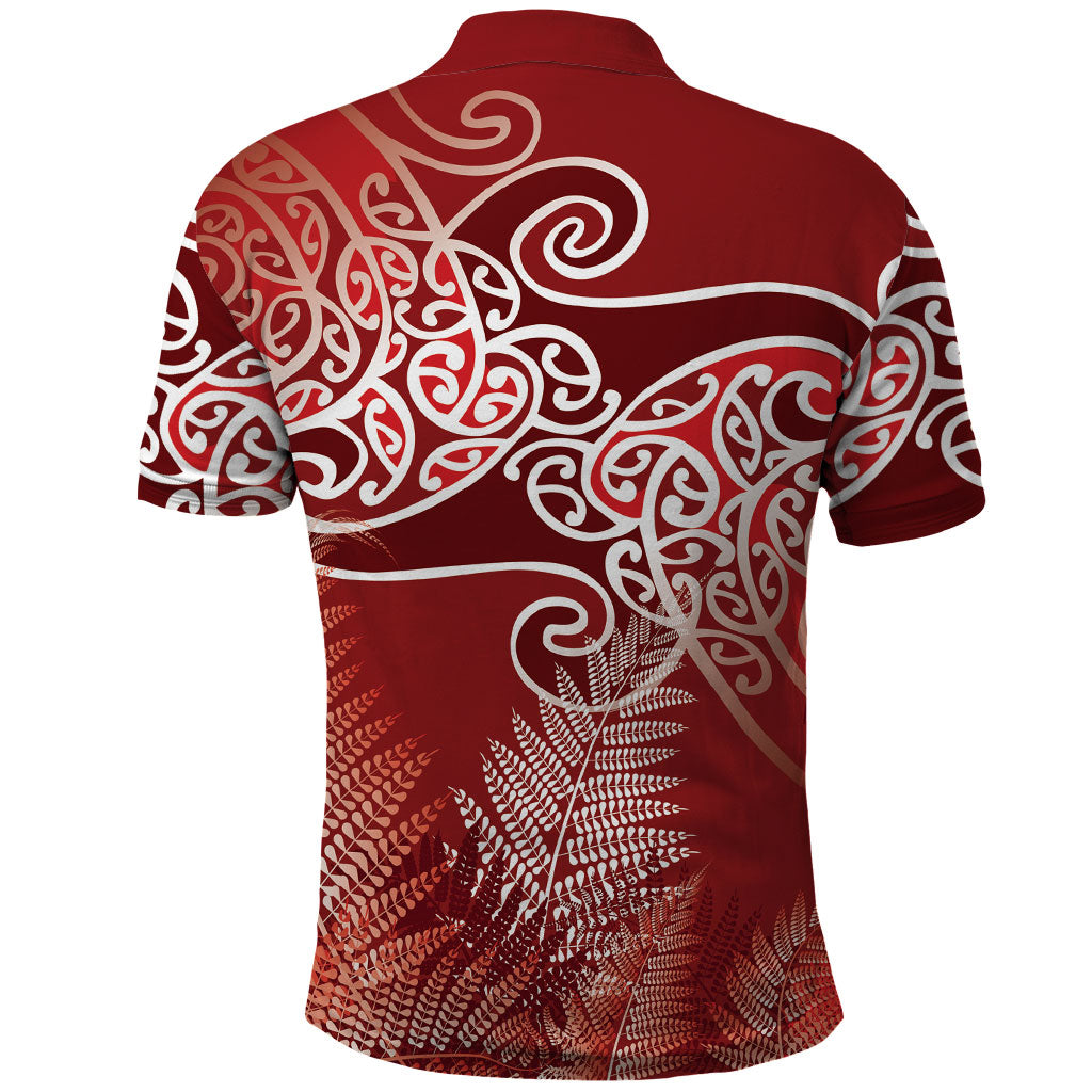Aotearoa Maori Koru Curves Polo Shirt Silver Ferns - Crimson Red