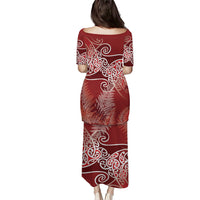 Aotearoa Maori Koru Curves Puletasi Silver Ferns - Crimson Red