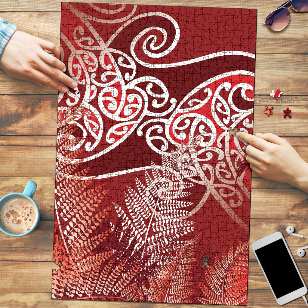 Aotearoa Maori Koru Curves Puzzle Silver Ferns - Crimson Red