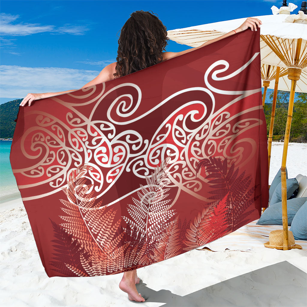 Aotearoa Maori Koru Curves Sarong Silver Ferns - Crimson Red
