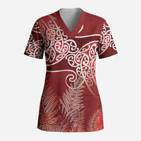 Aotearoa Maori Koru Curves Scrub Top Silver Ferns - Crimson Red
