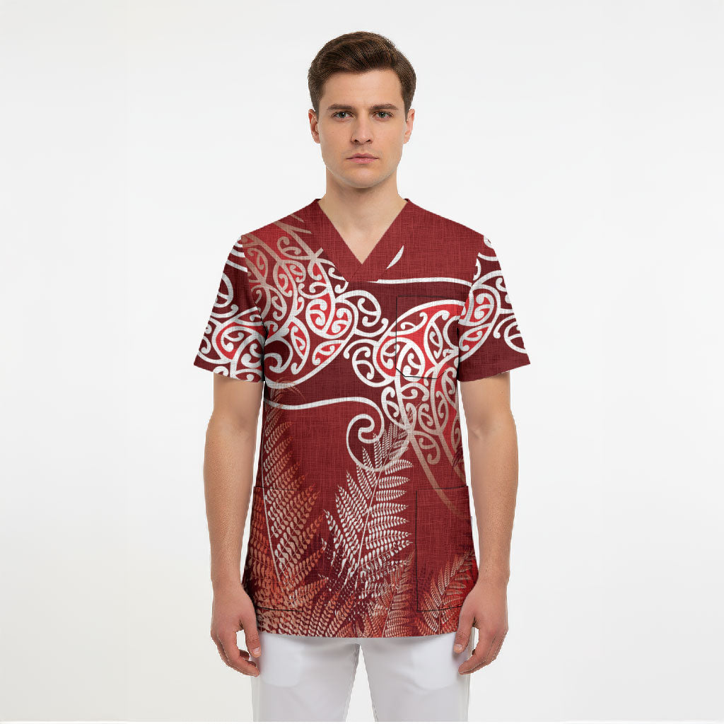 Aotearoa Maori Koru Curves Scrub Top Silver Ferns - Crimson Red