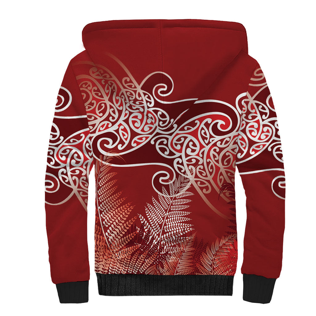 Aotearoa Maori Koru Curves Sherpa Hoodie Silver Ferns - Crimson Red