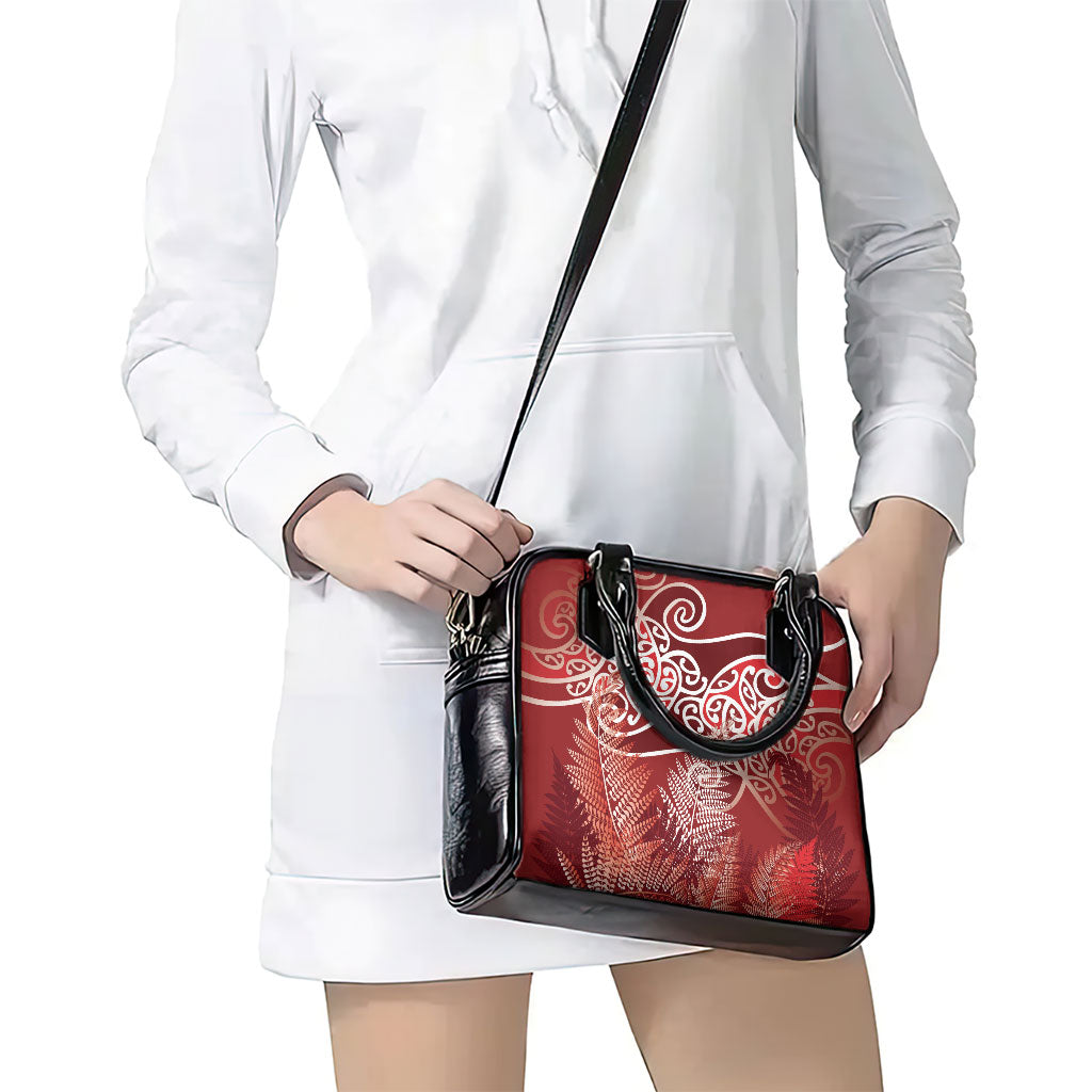 Aotearoa Maori Koru Curves Shoulder Handbag Silver Ferns - Crimson Red