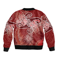 Aotearoa Maori Koru Curves Sleeve Zip Bomber Jacket Silver Ferns - Crimson Red