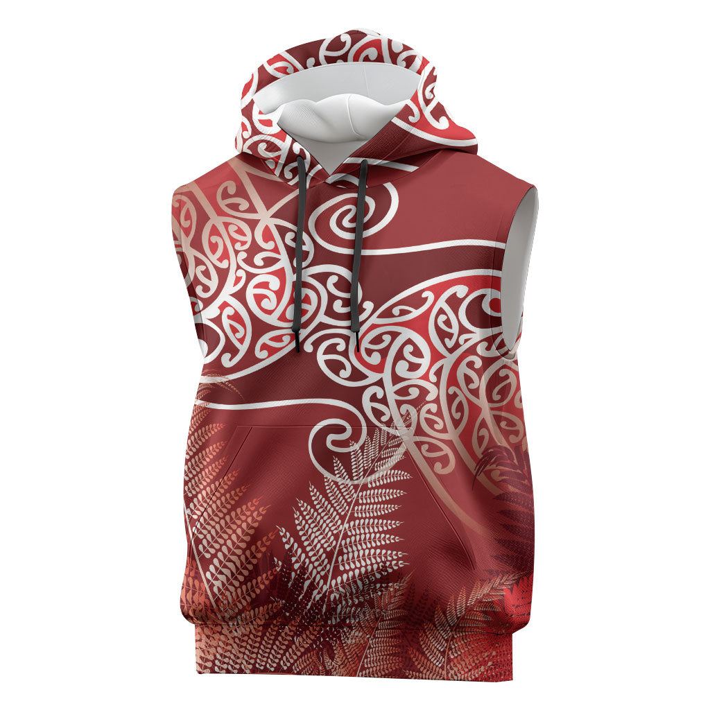 Aotearoa Maori Koru Curves Sleeveless Hoodie Silver Ferns - Crimson Red