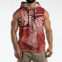 Aotearoa Maori Koru Curves Sleeveless Hoodie Silver Ferns - Crimson Red